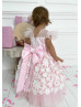 White Floral Appliques Pink Tulle V Back Flower Girl Dress